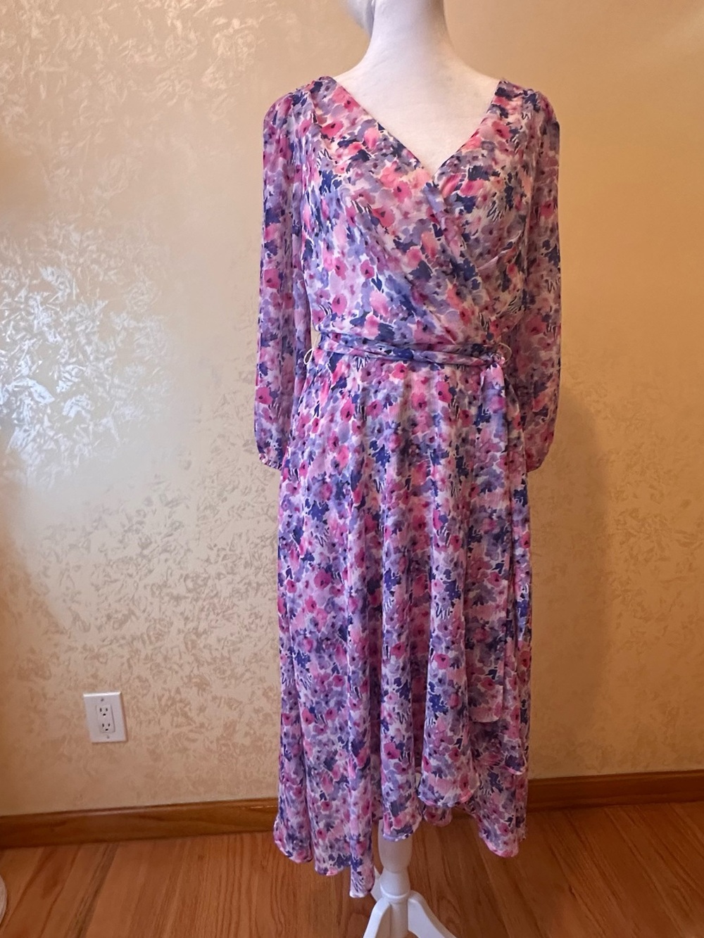 DKNY Pink and Purple Floral Wrap Midi Dress with V-Neck